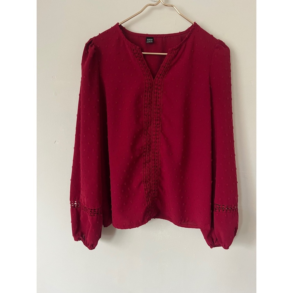 SHEIN red Swiss Dot Crochet Lace V-Neck‎ Blouse Boho Office Casual Small